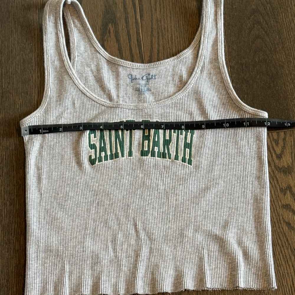 Grey ribbed stretchy cotton teen Tank Top with Green Print